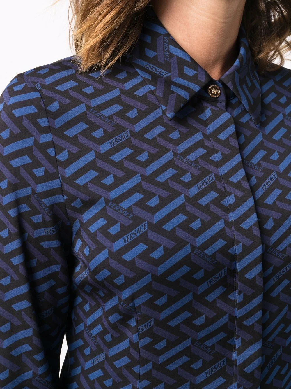 Versace Chemise en soie à imprimé géométrique Bonne Qualité chemises femme 7 Versace chemise en soie à imprimé géométrique